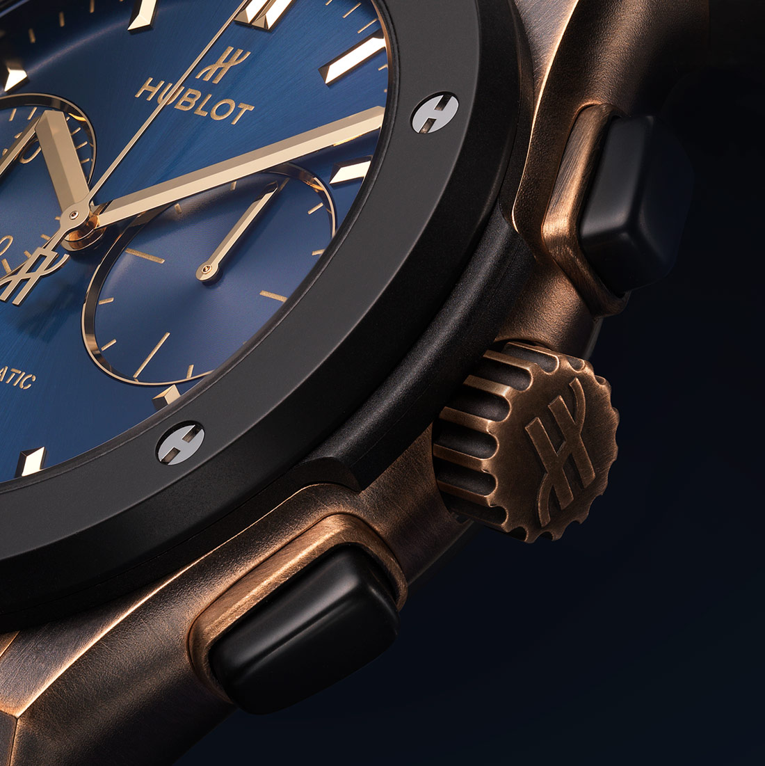 Hublot Classic Fusion Bronze Bucherer Blue Edition crown  pushers