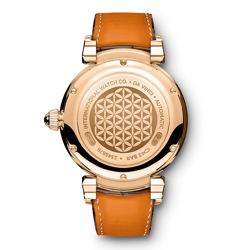 The caseback of the new IWC ladies' Da Vinci pieces depict the flower of life.