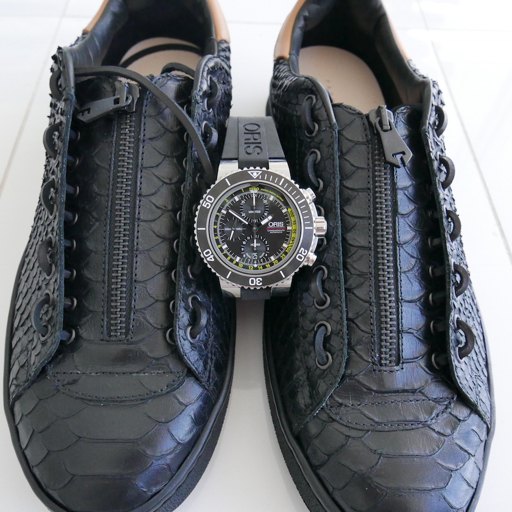 Oris Aquis Depth Gauge Chronograph and my new Miami-stylish Fabrice Tardieu sneakers.