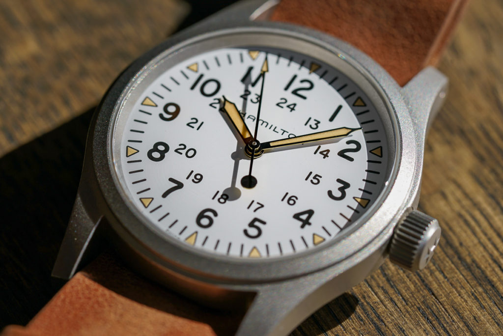 hamilton khaki field white dial close-up