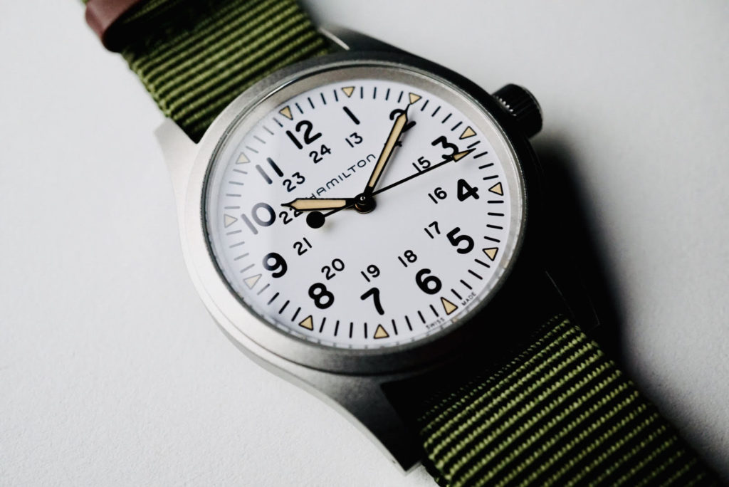 hamilton khaki field mechanical white dial close-up